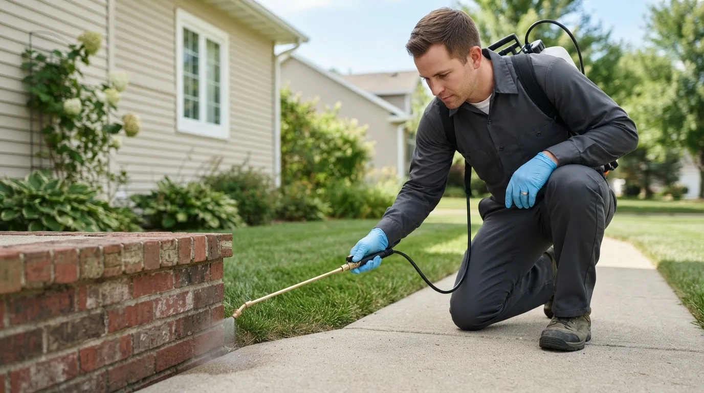 Pest control technician treating a home near Ridgway, IL